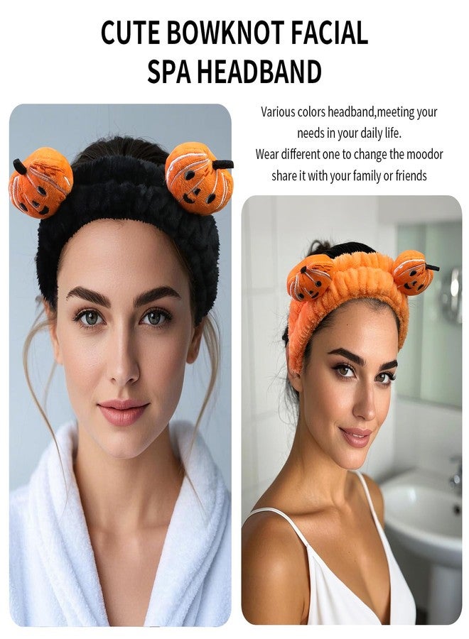 FlyingMage Spa Headband for Washing Face, 2 Pack Cute Halloween Hair Band for Shower Yoga Beauty, Fluffy Makeup Headband, Kawaii Facial Headbands for Woman Girls, Orange+Black Pumpkin - Image 2
